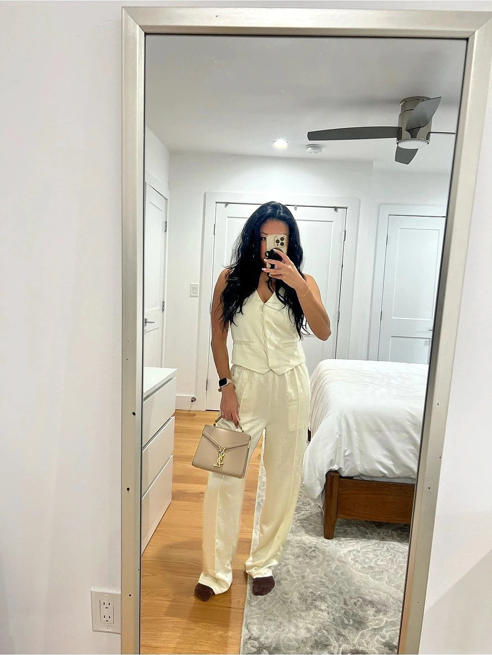 Madewell The Easy Pull-On Pant and Vest in Satin Cream Set XS